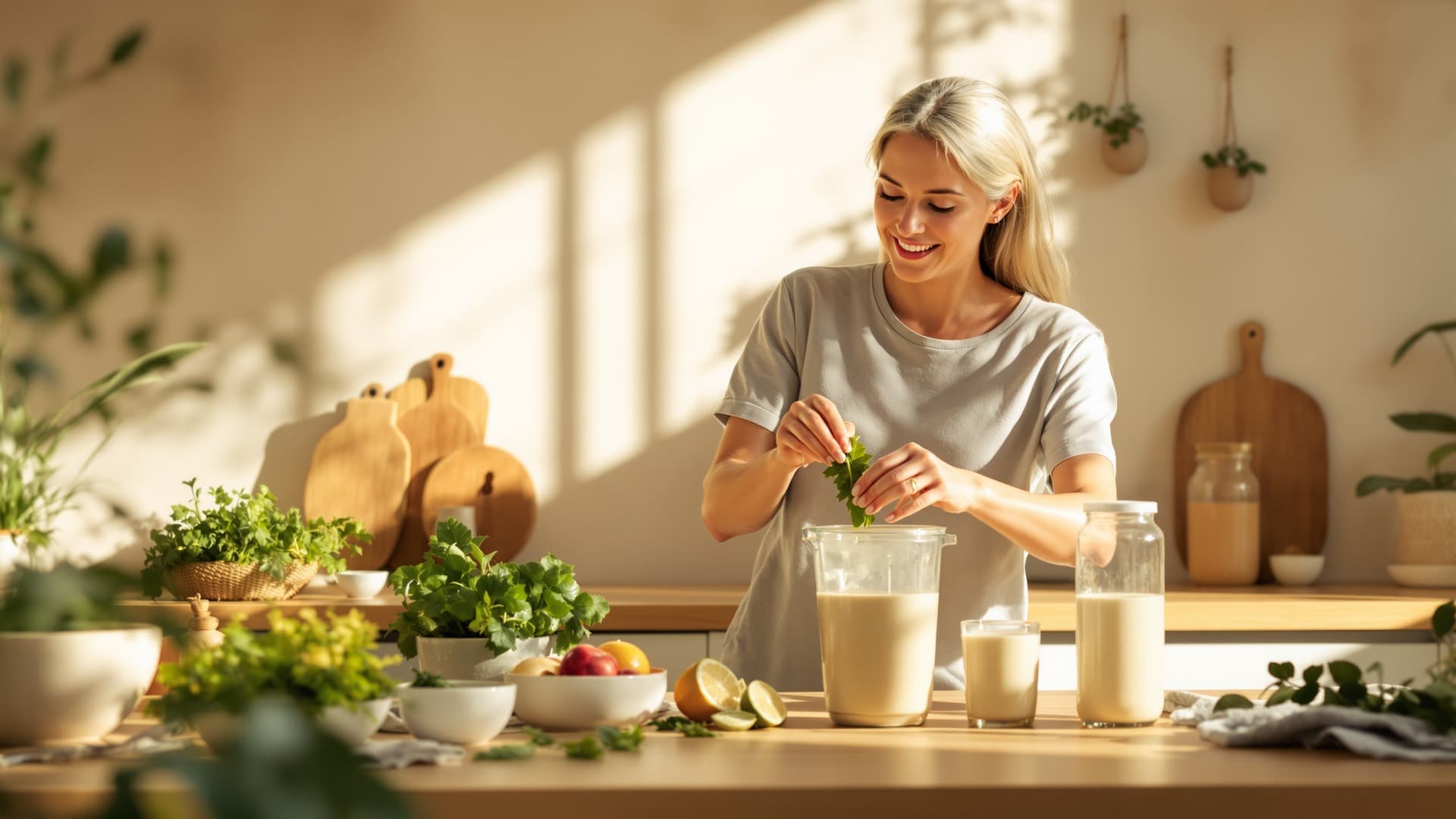 Woman preparing a plant-based protein smoothie in a sun-lit kitchen