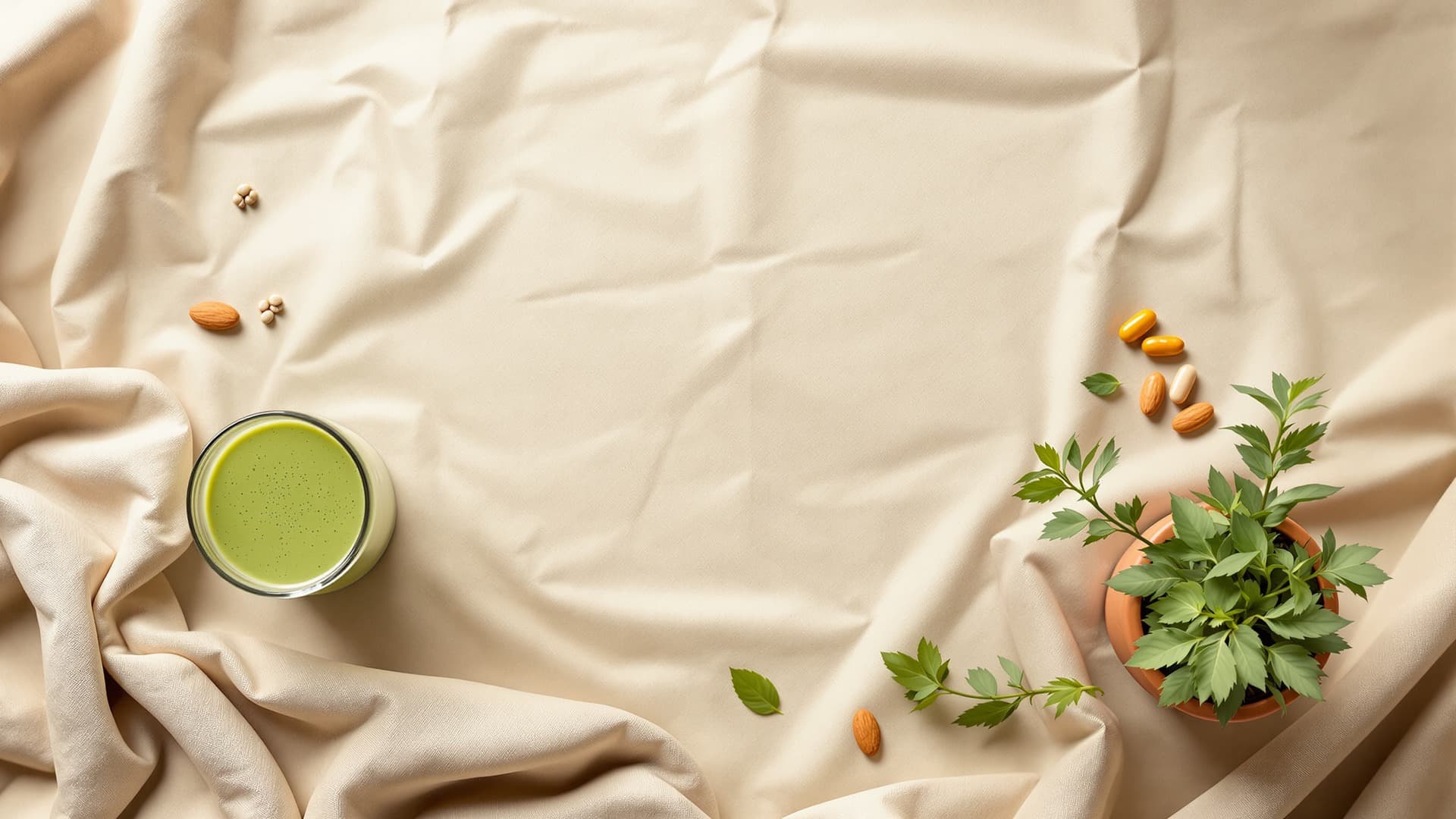 Plant-based supplement essentials arranged on a linen surface — protein shake, seeds, and vitamin capsules