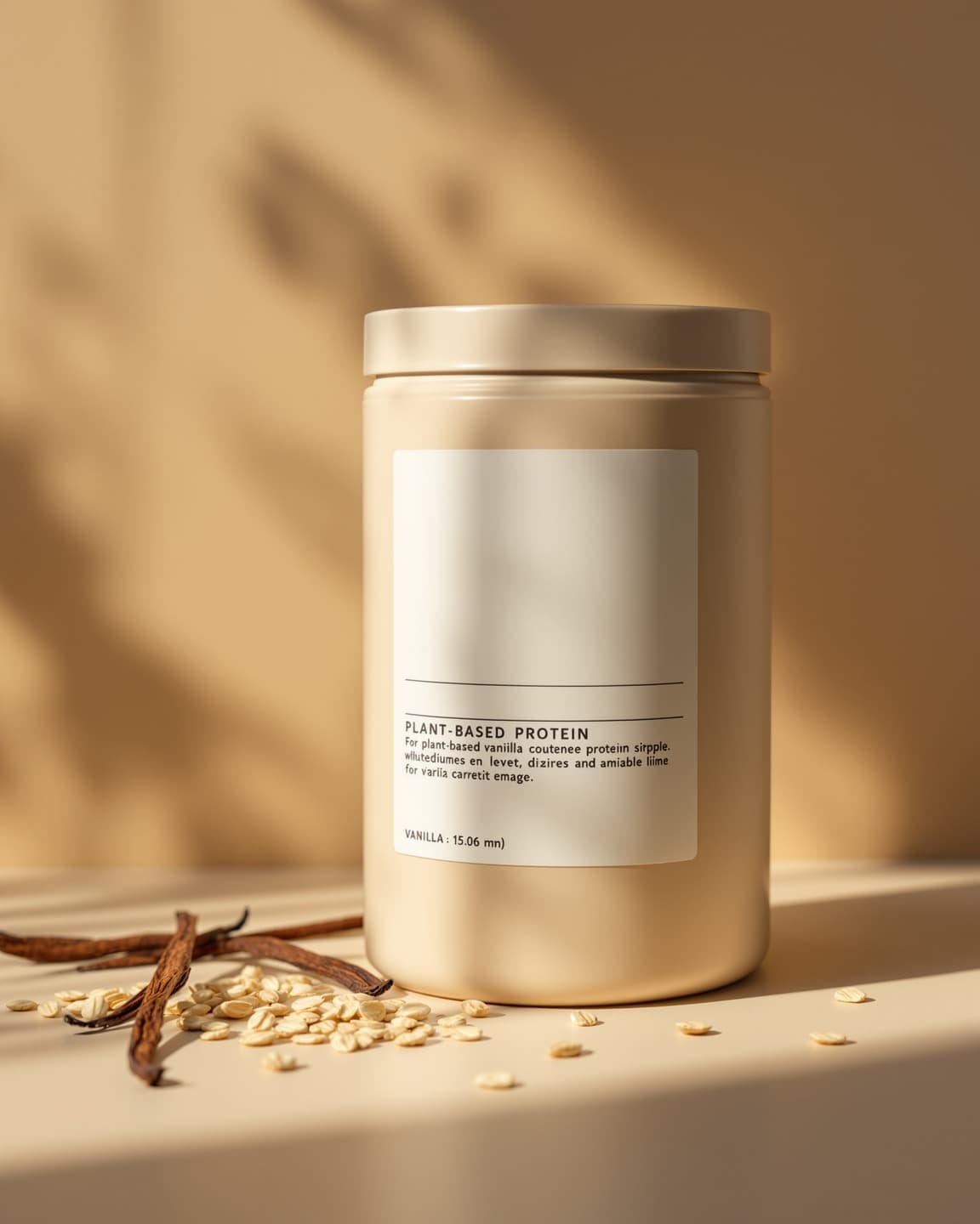 Plant-based supplement packaging with a clear ingredient label on a cream background